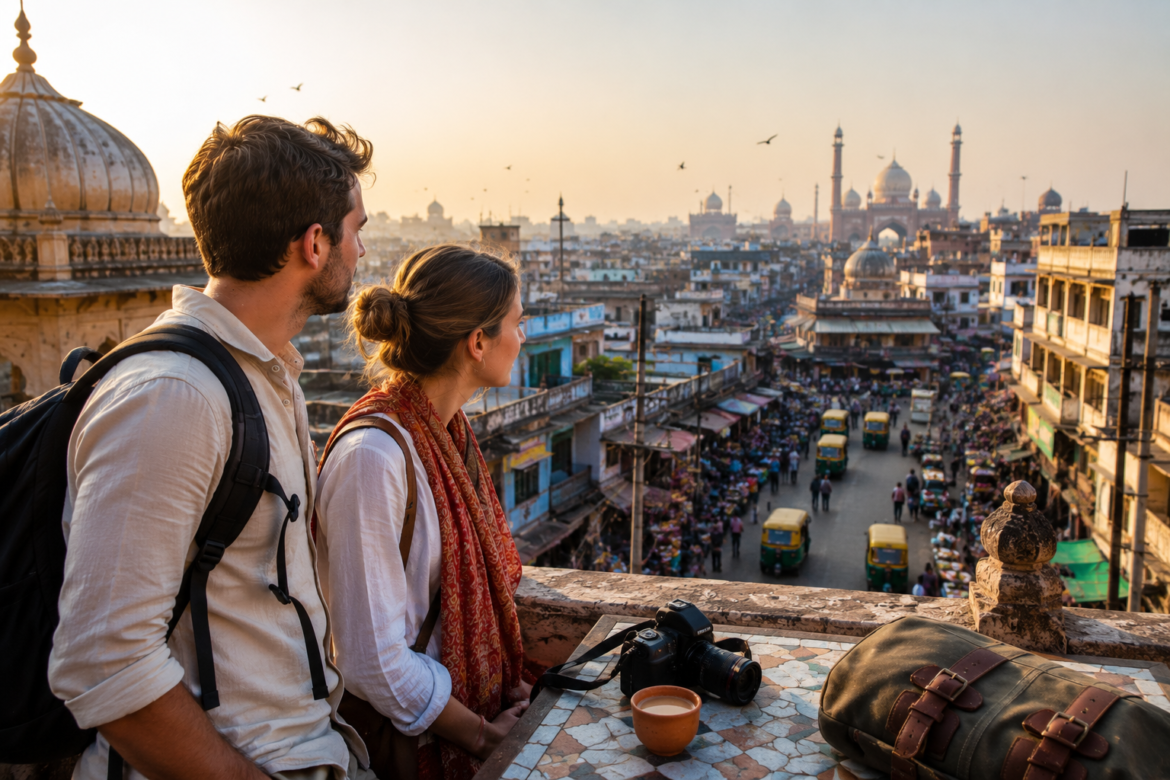 American tourists experiencing Delhi traffic on their first trip to India