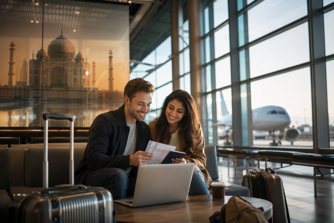 International travellers preparing travel insurance before visiting India