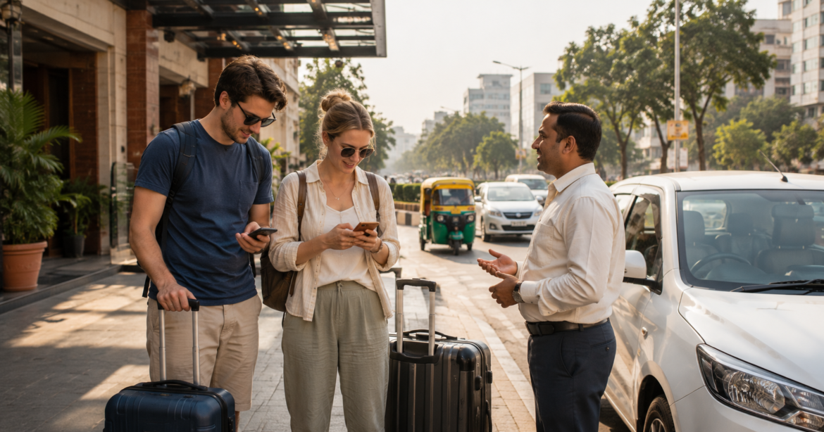 US tourists using mobile internet on smartphones while travelling in India